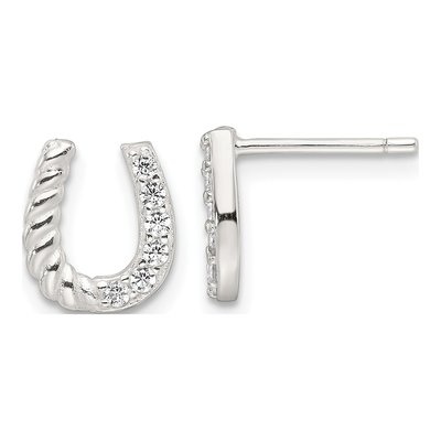 Sterling Silver CZ Horseshoe Button Stud Earrings
