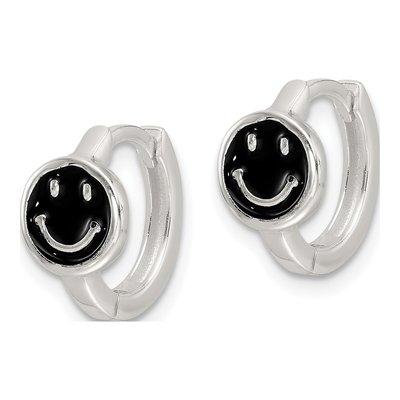 Sterling Silver 12mm Black Enamel Smiley Huggie Hoop Earrings – view 3