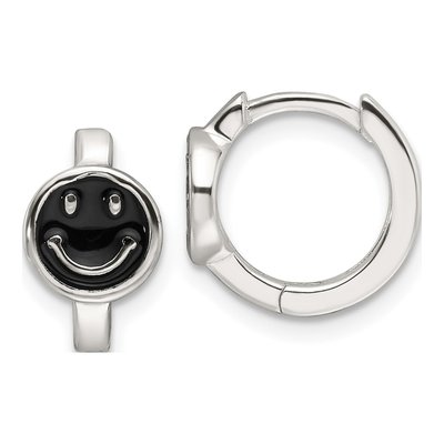 Sterling Silver 12mm Black Enamel Smiley Huggie Hoop Earrings