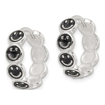 Sterling Silver 17mm Black Enamel Smiley Huggie Hoop Earrings – view 3