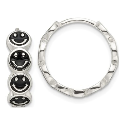 Sterling Silver 17mm Black Enamel Smiley Huggie Hoop Earrings