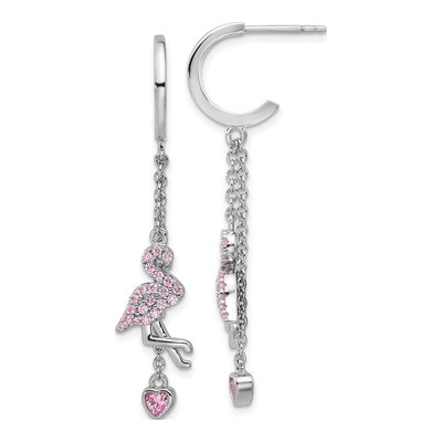 Sterling Silver CZ Flamingo Heart Dangle Earrings