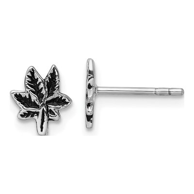 Sterling Silver Antiqued Leaf Button Stud Earrings