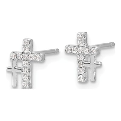 Sterling Silver 1mm Round CZ Double Cross Stud Earrings – view 3
