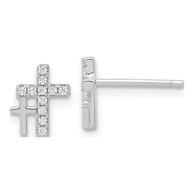 Sterling Silver 1mm Round CZ Double Cross Stud Earrings