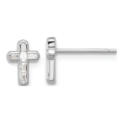 Sterling Silver Rectangle CZ Cross Stud Earrings
