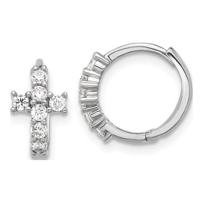 Sterling Silver 12mm CZ Cross Huggie Hoop Earrings