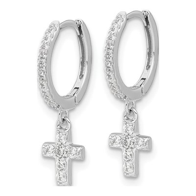 Sterling Silver 21mm CZ Cross Huggie Hoop Earrings – view 3