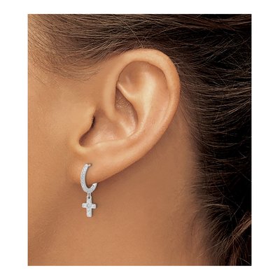 Sterling Silver 21mm CZ Cross Huggie Hoop Earrings – view 4