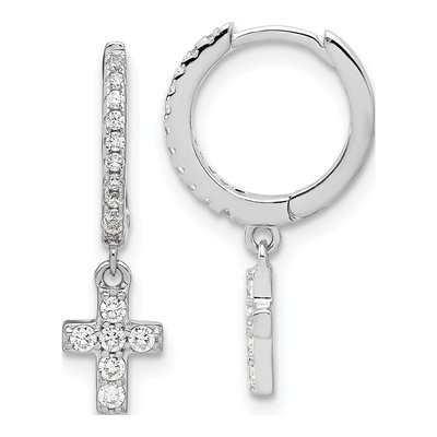 Sterling Silver 21mm CZ Cross Huggie Hoop Earrings