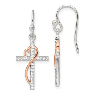 Sterling Silver CZ Heart Cross Dangle Earrings