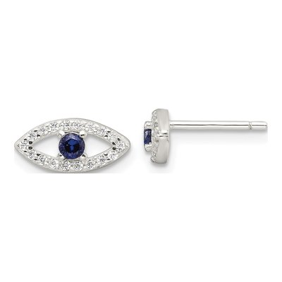 Sterling Silver 1mm Round CZ Evil Eye Stud Earrings