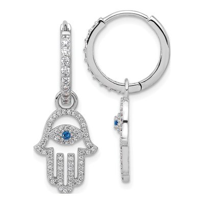 Sterling Silver 31mm CZ Evil Eye Hamsa Huggie Hoop Earrings