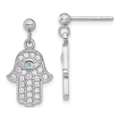 Sterling Silver CZ Evil Eye Hamsa Dangle Earrings