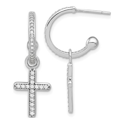 Sterling Silver 32mm CZ Cross C- Hoop Earrings