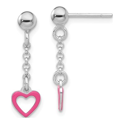 Sterling Silver Girls' Pink Enamel Heart Dangle Earrings