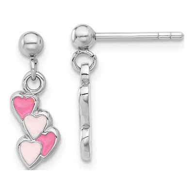 Sterling Silver Girls' Pink Enamel Heart Dangle Earrings