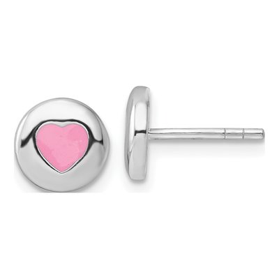 Sterling Silver Girls' Pink Enamel Heart Stud Earrings