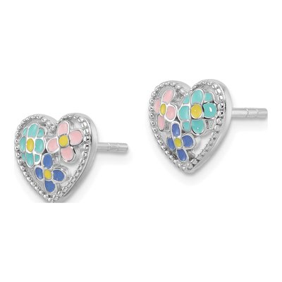 Sterling Silver Girls' Enamel Heart Flower Stud Earrings – view 3