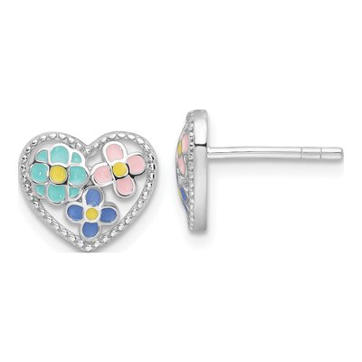 Sterling Silver Girls' Enamel Heart Flower Stud Earrings