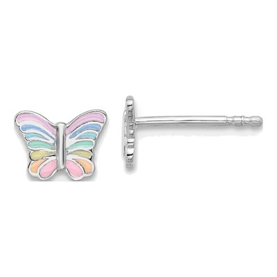 Sterling Silver Girls' Rainbow Enamel Butterfly Stud Earrings
