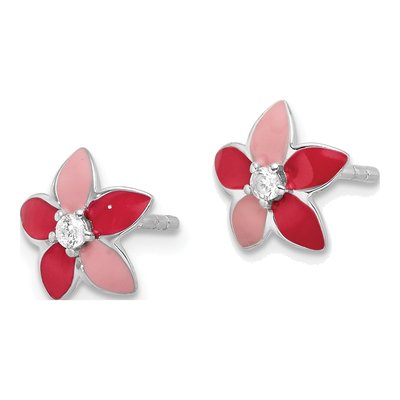 Sterling Silver 2mm Round CZ Girls' Enamel Flower Stud Earrings – view 3