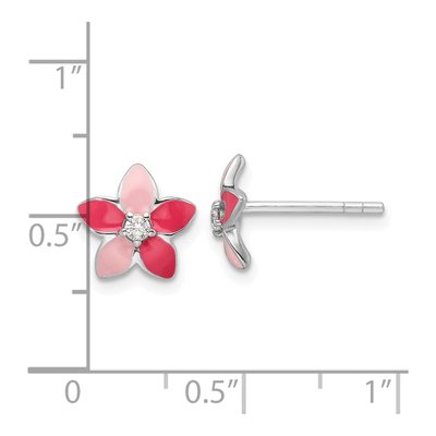Sterling Silver 2mm Round CZ Girls' Enamel Flower Stud Earrings – view 5