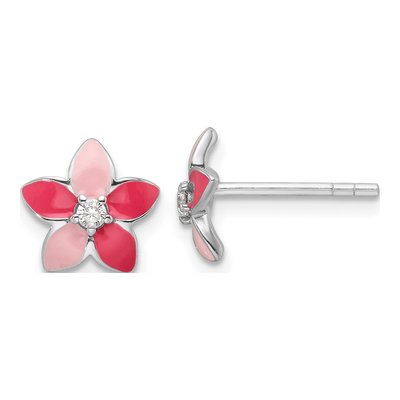 Sterling Silver 2mm Round CZ Girls' Enamel Flower Stud Earrings