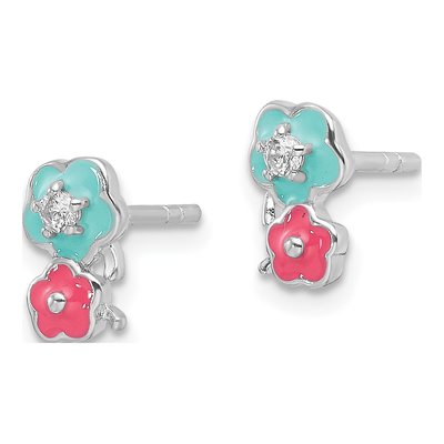 Sterling Silver 2mm Round CZ Girls' Enamel Flower Stud Earrings – view 3