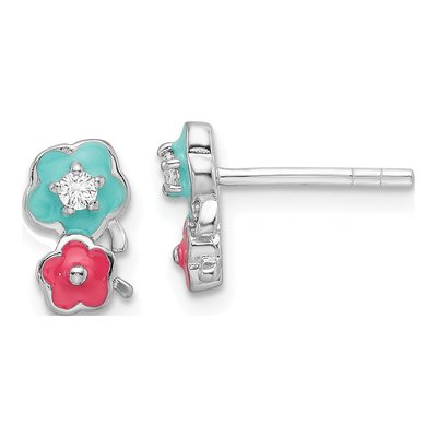 Sterling Silver 2mm Round CZ Girls' Enamel Flower Stud Earrings