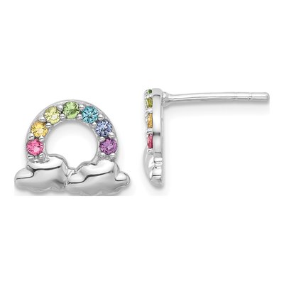 Sterling Silver 2mm Round Crystal Girls' Rainbow Clouds Stud Earrings