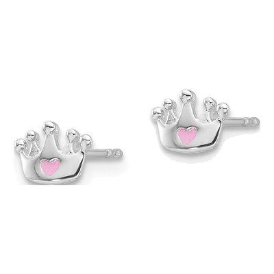 Sterling Silver Girls' Pink Enamel Crown Heart Stud Earrings – view 3