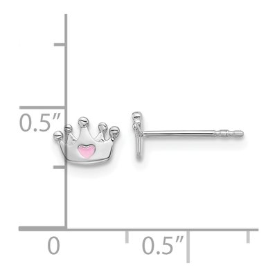 Sterling Silver Girls' Pink Enamel Crown Heart Stud Earrings – view 5