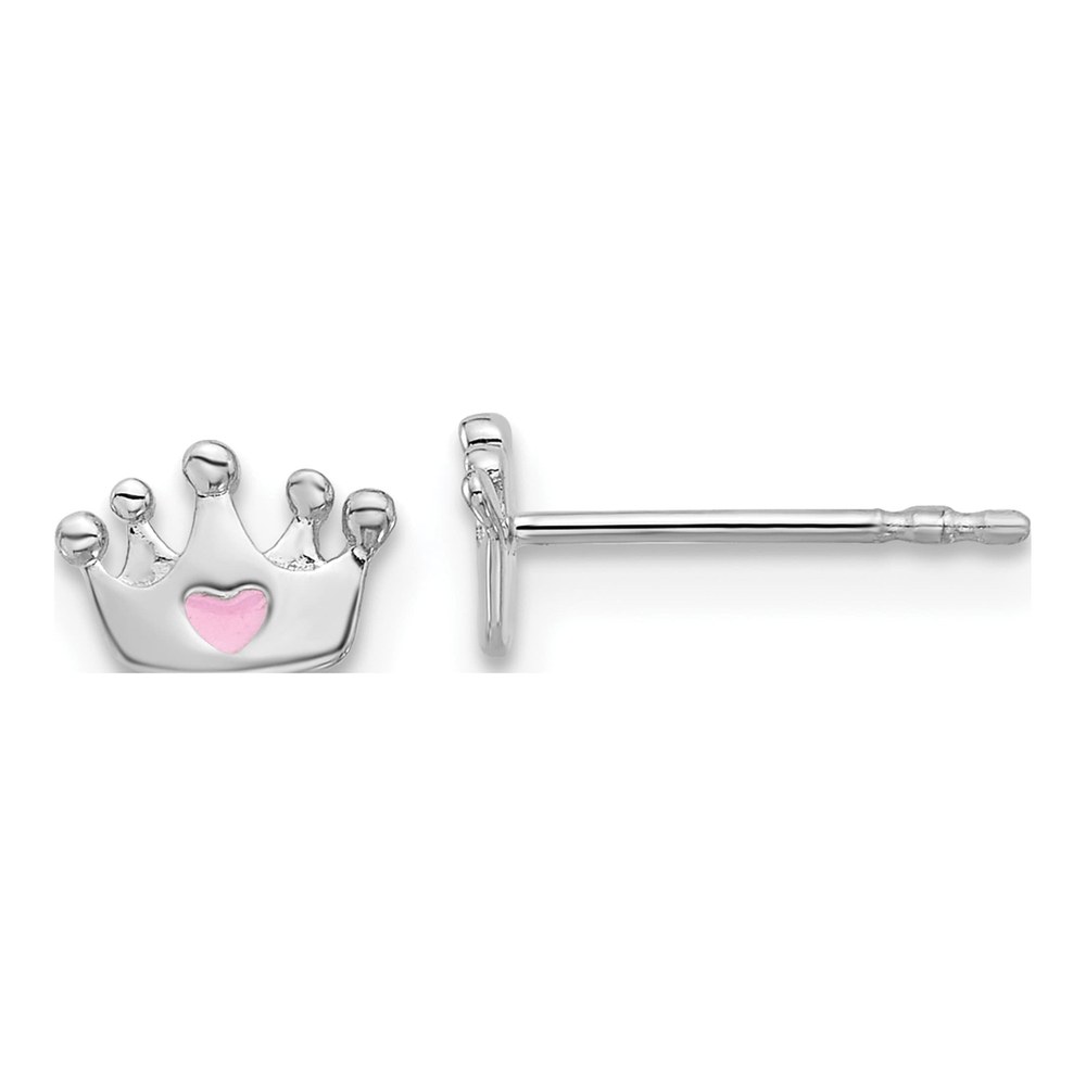 Sterling Silver Girls' Pink Enamel Crown Heart Stud Earrings