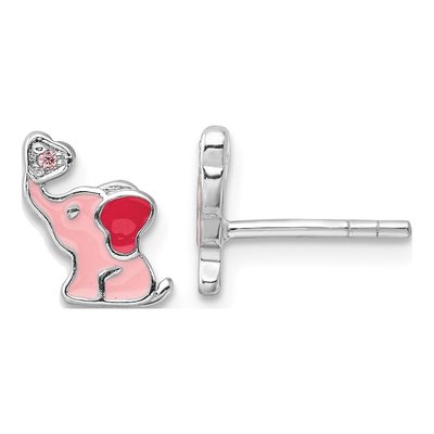 Sterling Silver 1mm Round CZ Girls' Enamel Elephant Stud Earrings