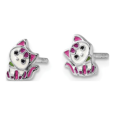 Sterling Silver Girls' Enamel Kitty Stud Earrings – view 3