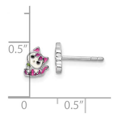 Sterling Silver Girls' Enamel Kitty Stud Earrings – view 5
