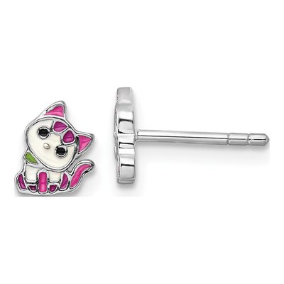 Sterling Silver Girls' Enamel Kitty Stud Earrings