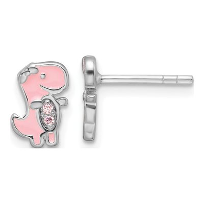 Sterling Silver 1mm Round CZ Girls' Dinosaur Stud Earrings