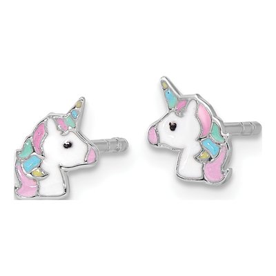 Sterling Silver Girls' Enamel Unicorn Stud Earrings – view 3