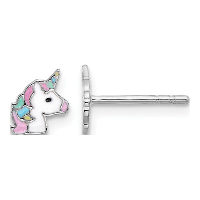 Sterling Silver Girls' Enamel Unicorn Stud Earrings