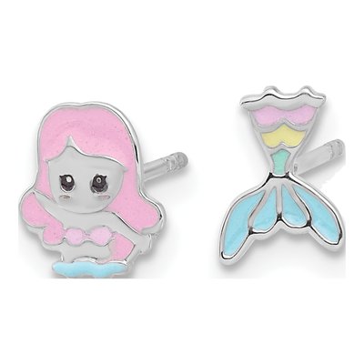 Sterling Silver Girls' Multicolor Enamel Mermaid Stud Earrings – view 3