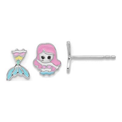 Sterling Silver Girls' Multicolor Enamel Mermaid Stud Earrings