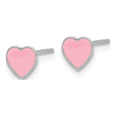 Sterling Silver Girls' Pink Enamel Heart Stud Earrings – view 3