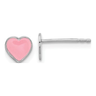 Sterling Silver Girls' Pink Enamel Heart Stud Earrings