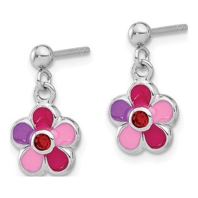 Sterling Silver Crystal Girls' Enamel Flower Dangle Earrings – view 3