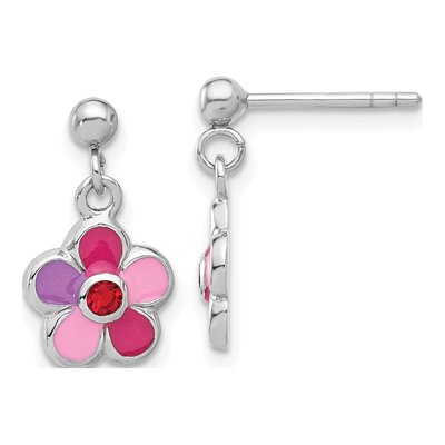 Sterling Silver Crystal Girls' Enamel Flower Dangle Earrings