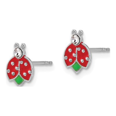 Sterling Silver 2mm Round Crystal Girls' Enamel Ladybug Stud Earrings – view 3