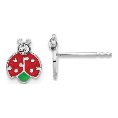 Sterling Silver 2mm Round Crystal Girls' Enamel Ladybug Stud Earrings