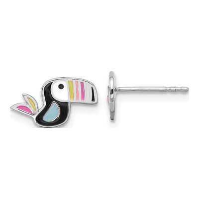 Sterling Silver Multi-Color Enameled Toucan Bird Children's Stud Earrings